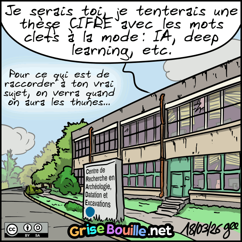 Plan sur l'extérieur du bâtiment, un peu pourri, avec un panneau « Centre de Recherche en Archéologie, Datation et Excavations ». On entend : « Je serais toi, je tenterais une thèse CIFRE avec les mots clefs à la mode : IA, deep learning, etc. pour ce qui est de raccorder à ton vrai sujet, on verra quand on aura les thunes. » Note : BD sous licence CC BY SA (grisebouille.net), dessinée le 18 mars 2026 par Gee.
