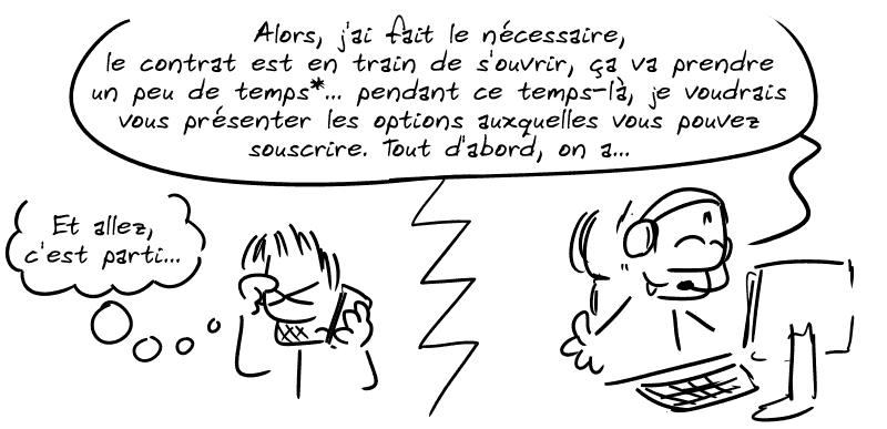 Le type au téléphone : « Alors j'ai fait le nécessaire, le contrat est en train de s'ouvrir, ça va prendre un peu de temps*… pendant ce temps-là, je voudrais vous présenter les options auxquelles vous pouvez souscrire. Tout d'abord on a… » Gee, dépité, pense : « Et allez, c'est parti… »