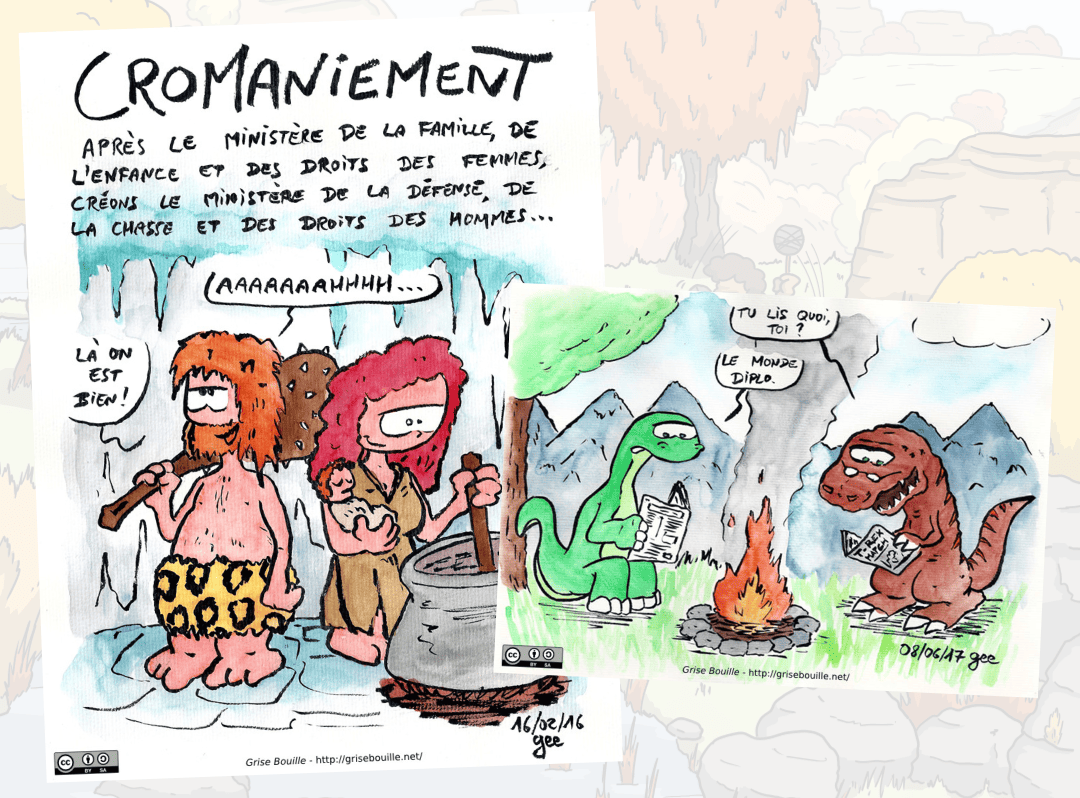 Les deux aquarelles : Cromaniement et Journalosaure. On y voit des personnages ressemblant à Jean-Cro, Magnon, Didi le diplodocus, et le Thé-Rex.