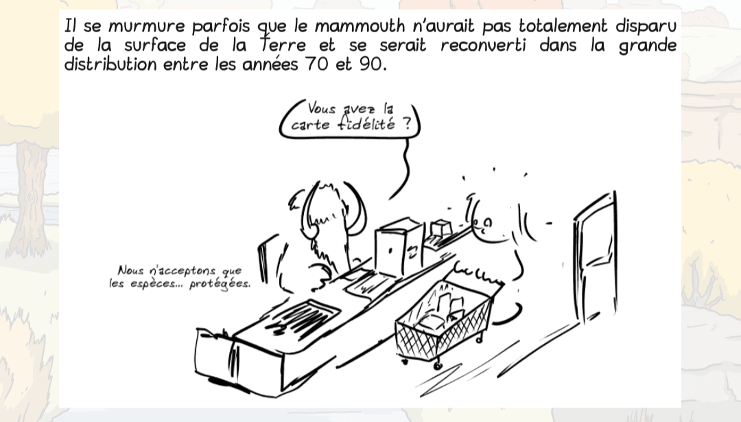 Capture d'écran de Grise Bouille, où on voit le mammouth jouant le rôle d'un caissier.