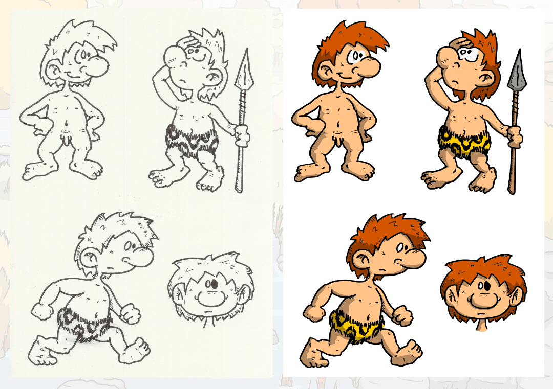 Un personnage préhistorique dans un style un peu différent, en version papier puis numérisé et colorisé sur Inkscape.