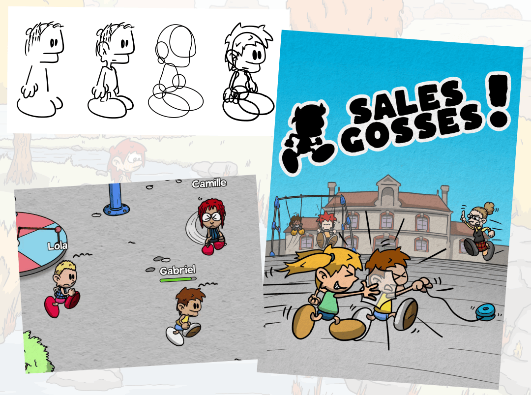 Diverse images tirées de Sales Gosses, notamment une du travail graphique pour passer d'un personnage de Grise Bouille à un sale gosse.