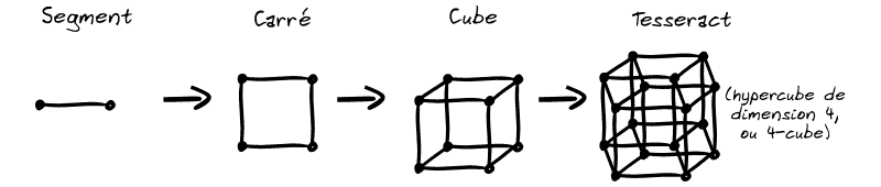 Le segment 1D devient un carré en 2D, qui devient un cube en 3D, qui devient un terreract en 4D (soit un hypercube de dimension 4, ou 4-cube).