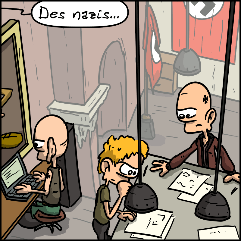 Vue plongeante sur une salle où on voit des skinheads s'organiser, avec des symboles néonazis partout. Andy dit : « Des nazis… »
