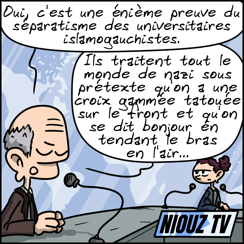 Sur le plateau, un vieil intervenant commente : « Oui, c'est une énième preuve du séparatisme des universitaires islamogauchistes. Ils traitent tout le monde de nazi sous prétexte qu'on a une croix gammée tatouée sur le front et qu'on se dit bonjour en tendant le bras en l'air. »