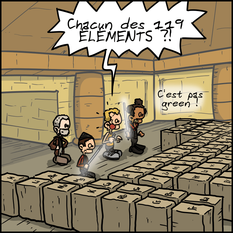 Korben et Ruby Rhod sont médusés devant les pierres qui s'étendent sur une gigantesque classification périodique. Korben demande : « Chacun des 119 ÉLÉMENTS ?! » Ruby : « C'est pas green ! »