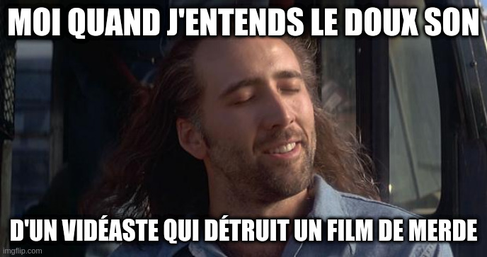 Mème : Nicolas Cage, les cheveux au vent, l'air de prendre son pied : « moi quand j'entends le doux son d'un vidéste qui détruit un film de merde ».