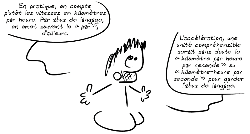 Gee précise : « En pratique, on compte plutôt les vitesses en kilomètres par heure. Par abus de langage, on omet souvent le “par”, d'ailleurs.  L'accélération, une unité compréhensible serait sans doute le “kilomètre par heure par seconde” ou “kilomètre-heure par seconde” pour garder l'abus de langage. »