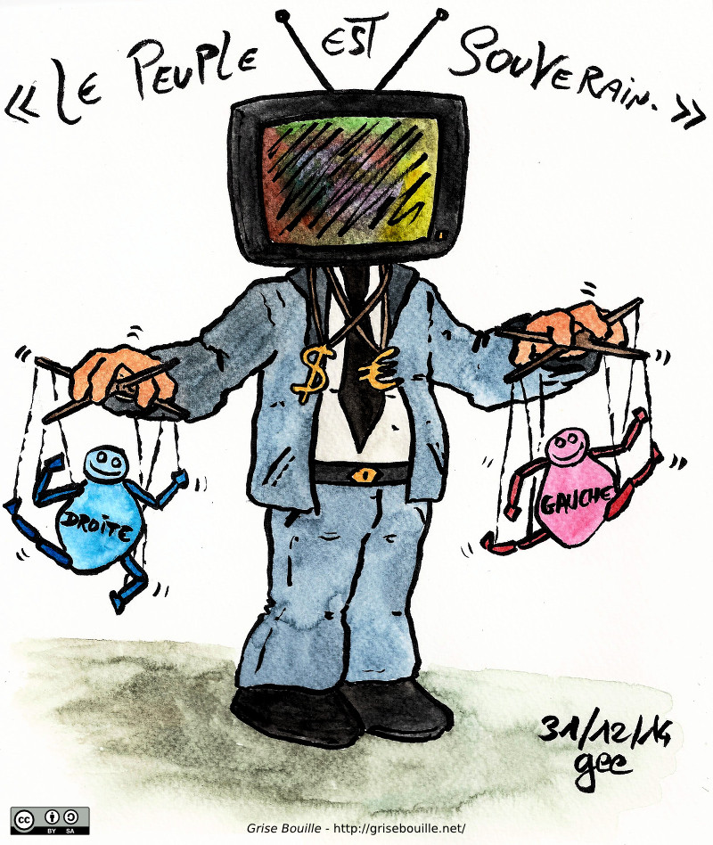 « Le peuple est souverain ». Un homme à tête de téléviseur, avec des symboles d'argent au cou, agite deux marionnettes « droite » et « gauche ». Note : dessin sous licence CC BY SA (grisebouille.net), réalisé le 31 décembre 2014 par Gee.