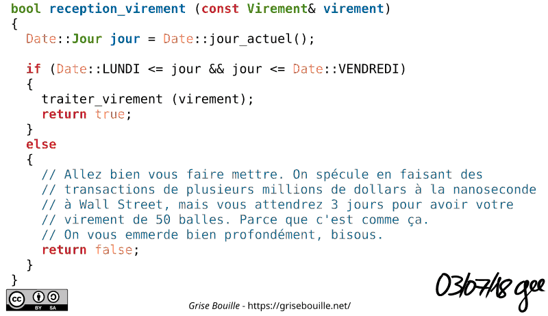 Une code source qui montre que le virement est traité si le jour courant est compris entre lundi et vendredi. Sinon, un commentaire dit : « Allez bien vous faire mettre. On spécule en faisant des transactions de plusieurs millions de dollars à la nanoseconde à Wall Street, mais vous attendrez 3 jours pour avoir votre virement de 50 balles. Parce que c'est comme ça. On vous emmerde bien profondément, bisous. » Note : BD sous licence CC BY SA (grisebouille.net), dessinée le 3 juillet 2018 par Gee.