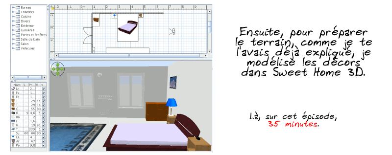 « Ensuite, pour préparer le terrain, comme je te l'avais déjà expliqué, je modélise les décors dans Sweet Home 3D.  Là, sur cet épisode, 35 minutes. » Capture d'écran de Sweet Home 3D.