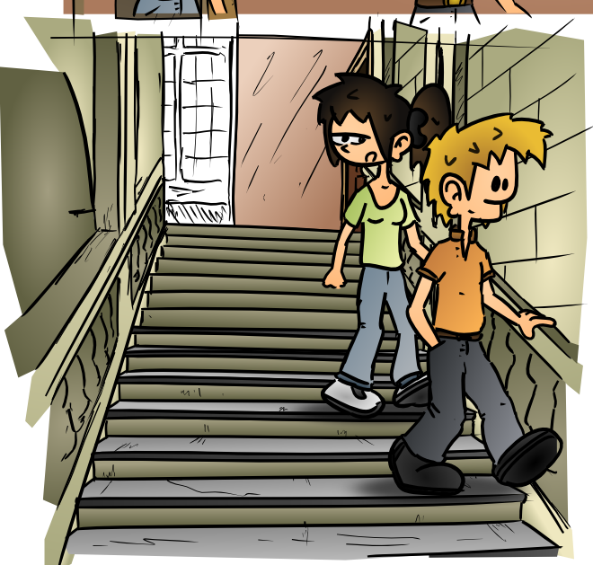 Le dessin du dessus, avec en plus les personnages qui descendent les escaliers.