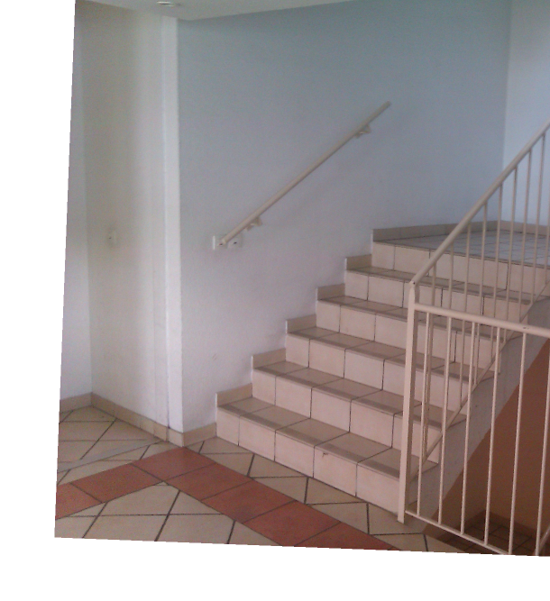 Une photo d'un escalier moderne dans une résidence moche.