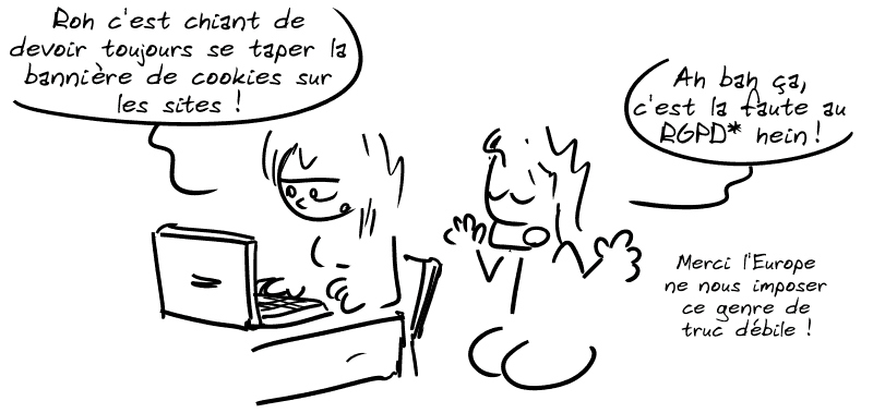 Une femme derrière son ordi dit : « Roh c'est chiant de devoir toujours se taper la bannière de cookies sur les sites ! » Un homme lui dit : « Ah bah ça, c'est la faute au RGPD* hein ! Merci l'Europe de nous imposer ce genre de truc débile ! »