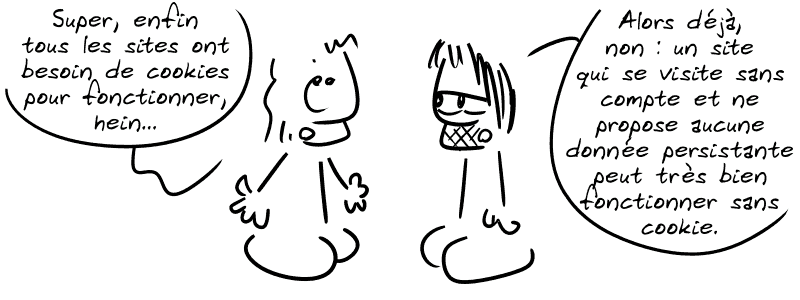 Le mec du début : « Super, enfin tous les sites ont besoin de cookies pour fonctionner, hein… » Gee : « Alors déjà, non : un site qui se visite sans compte et ne propose aucune donnée persistante peut très bien fonctionner sans cookie. »
