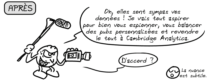 Après. Même image, mais le cookie ajoute : « D'accord ? » Le smiley : « La nuance est subtile. »