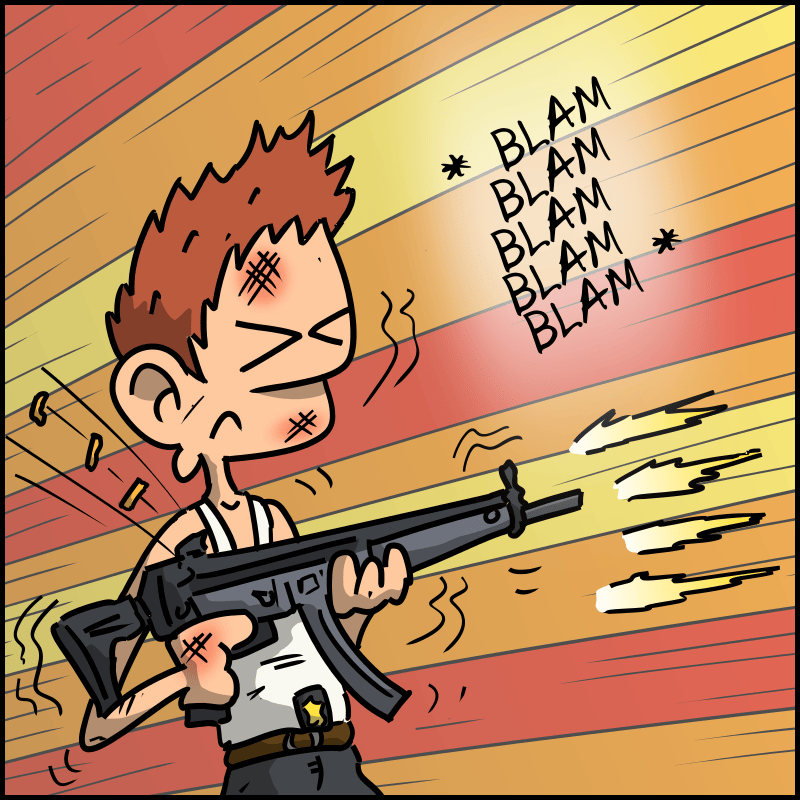 Un héros de film d'action genre John McClane est en train de tirer à la mitrailleuse.