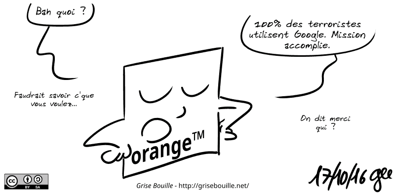 Le logo Orange dit, sûr de lui : « Bah quoi ? 100% des terroristes utilisent Google. Mission accomplie. Faudrait savoir c'que vous voulez…  On dit merci qui ? » Note : BD sous licence CC BY SA (grisebouille.net), dessinée le 17 octobre 2016 par Gee.