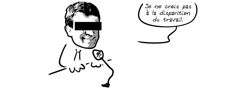 Manuel Valls avec un bandeau noir sur les yeux parle dans un micro : « Je ne crois pas à la disparition du travail. »