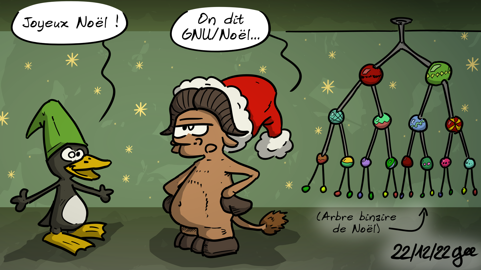 Tux, déguisé en lutin : « Joyeux Noël ! » Le gnou de GNU, déguisé en Père Noël : « On dit GNU/Noël… » À côté, un arbre façon « arbre binaire mathématique », avec la racine en haut et une boule de Noël sur chaque nœud. Une étiquette indique : « (Arbre binaire de Noël) » Note : BD sous licence CC BY SA (grisebouille.net), dessinée le 22 décembre 2022 par Gee.