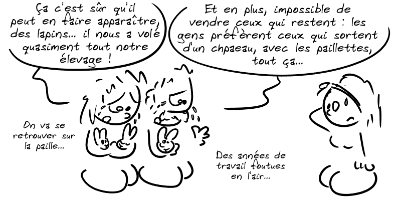 Un couple d'éleveurs en pleurs : « Ça c'est sûr qu'il peut en faire apparaître des lapins… il nous a volé quasiment tout notre élevage! Et en plus, impossible de vendre ceux qui nous restent : les gens préfèrent ceux qui sortent d'un chapeau, avec les paillettes, tout ça… On va se retrouver sur la paille. Des années de travail foutues en l'air… » Cassandre est stupéfaite.