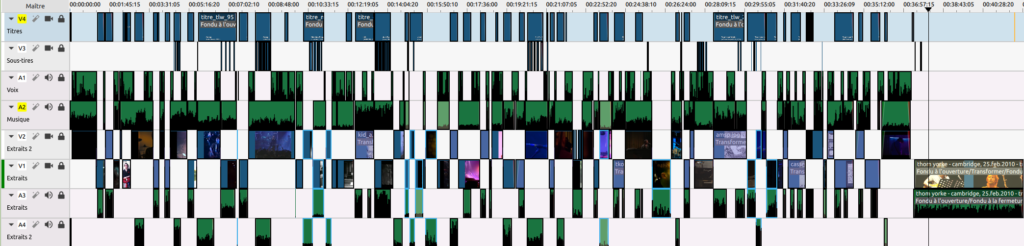 Une capture d'écran de la timeline de Kdenlive, où on voit plein de sections de vidéos/sons découpés