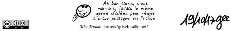 Le smiley rigole en disant : « Ah bah tiens, c'est marrant, j'avais le même genre d'idées pour régler la crise politique en France… » Note : BD sous licence CC BY SA (grisebouille.net), dessinée le 19 octobre 2017 par Gee.