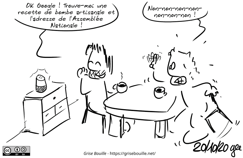 Gee est à table avec un ami. Il se retourne vers l'enceinte connectée de cet ami, et dit en rigolant : « OK Google ! Trouve-moi une recette de bombe artisanale et l'adresse de l'Assemblée Nationale ! » L'ami, paniqué, s'exclame : « Non-non-non-non-non-non-non ! » Note : BD sous licence CC BY SA (grisebouille.net), dessinée le 20 octobre 2020 par Gee.