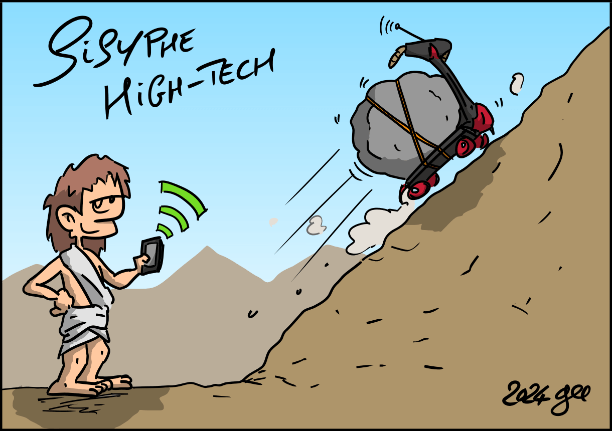 Sisyphe High-Tech : Sisyphe est en bas de la montagne, il tient un smartphone qui commande un trottinette électrique sur laquelle est posée une pierre. La trottinette monte la montagne pendant que Sisyphe reste tranquillement en bas.