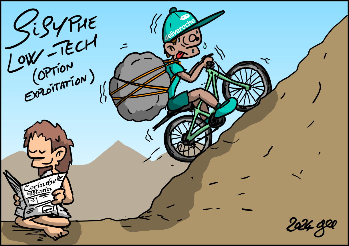 Sisyphe Low-Tech (option exploitation) : Sisyphe est en bas de la montagne et lit tranquillement son journal. Pendant ce temps, un livreur à vélo « Deliveroche » transpire et galère à monter la montagne, la pierre attachée dans le dos.