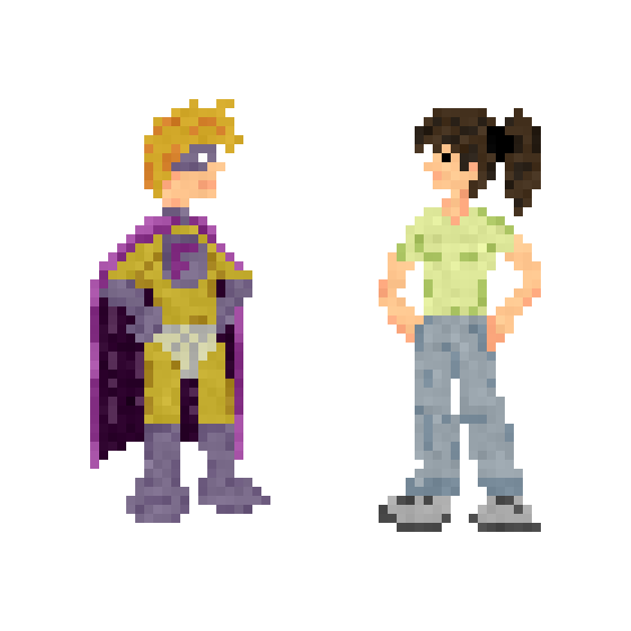 Superflu et Sophie représentés pixelisés comme dans un vieux LucasArts.