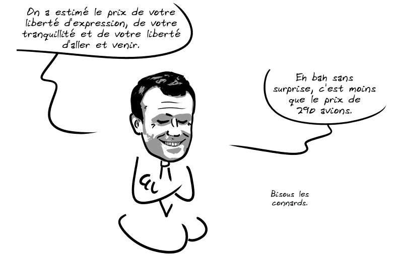 Louis dit : « On a estimé le prix de votre liberté d'expression, de votre tranquillité et de votre liberté d'aller et venir.  Eh bah sans surprise, c'est moins que le prix de 290 avions.  Bisous les connards. »