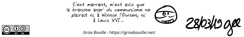 Le smiley dit : « C'est marrant, m'est avis que la branche anar' du communisme ne plairait ni à Winnie l'Ourson, ni à Louis XVI… » Note : BD sous licence CC BY SA (grisebouille.net), dessinée le 28 mars 2019 par Gee.