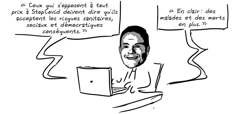 Cédric O est en train de taper sur son ordinateur : « Ceux qui s'opposent à tout prix à StopCovid doivent dire qu'ils acceptent les risques sanitaires, sociaux et démocratiques conséquents. En clair : des malades et des morts en plus. » Citation authentique.