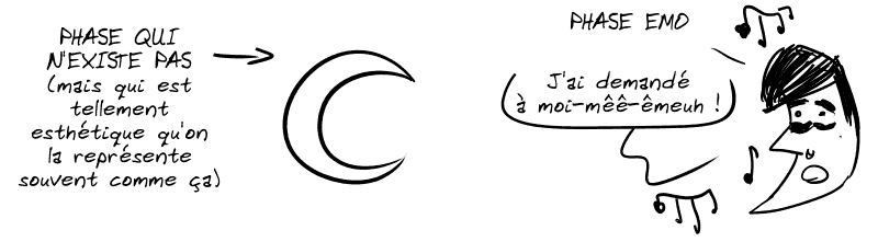 Phase qui n'existe pas (mais qui est tellement esthétique qu'on la représente souvent comme ça) : une lune avec un contour tout fin sur les deux tiers d'un cercle. Phase emo : la Lune avec une coupe emo chante : « J'ai demandé à moi-mêê-êmeuh ! »