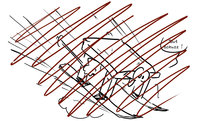 Un dessin d'une table anthropomorphisée, sur des skis, qui dit : « Tout schuss ! » Le dessin est rayé/barré avec force.
