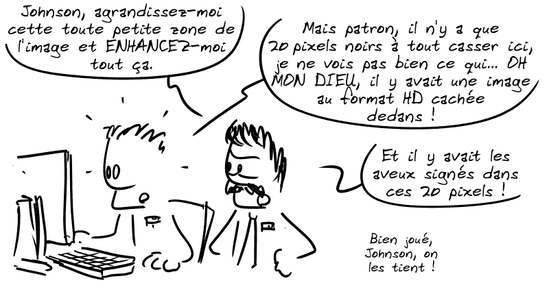 Deux flics derrière un PC. Le premier dit : « Johnson, agrandissez-moi cette toute petite zone de l'image et ENHANCEZ-moi tout ça. » Le deuxième : « Mais patron, il n'y a que 20 pixels noirs à tout casser ici, je ne vois pas bien ce qui… OH MON DIEU, il y avait une image au format HD cachée dedans ! » Le premier : « Et il y avait les aveux signés dans ces 20 pixels ! Bien joué, Johnson, on les tient ! »