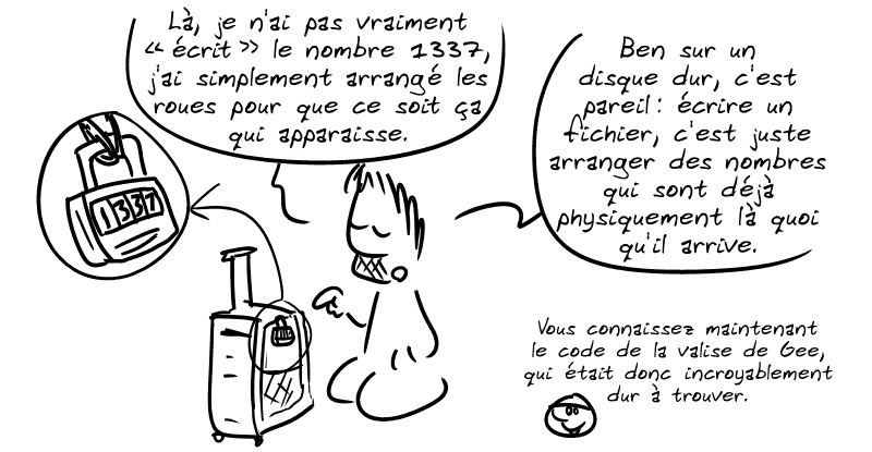 Gee montre un cadenas : « Là, je n'ai pas vraiment “écrit” le nombre 1337, j'ai simplement arrangé les roues pour que ce soit ça qui apparaisse. Ben sur un disque dur, c'est pareil : écrire un fichier, c'est juste arranger des nombres qui sont déjà physiquement là quoi qu'il arrive. » Le smiley : « Vous connaissez maintenant le code de la valise de Gee, qui était donc incroyablement dur à trouver. »