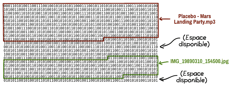 On voit une longue série de zéros et de uns, avec un pointeur qui dit « Placebo – Mars Landing Party.mp3 », un autre qui dit « IMG_19890310_154500.jpg ». Entre les deux, il n'y a rien.
