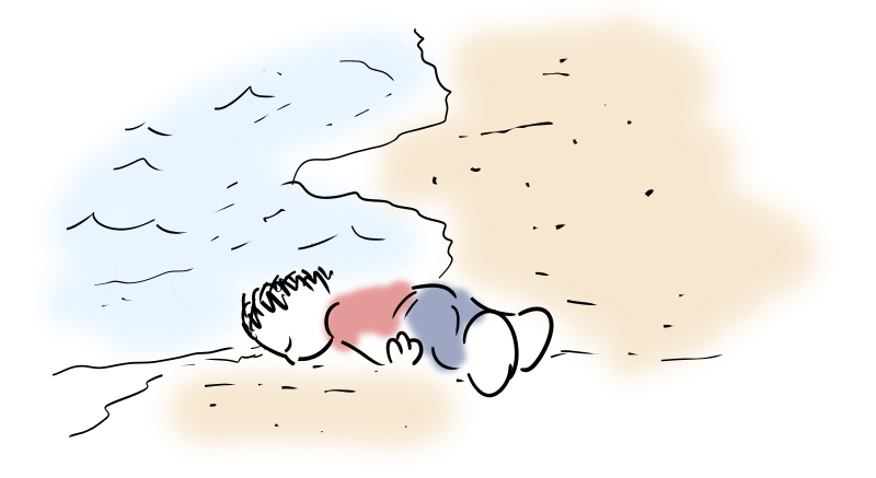 Le petit Aylan, mort, le visage face contre terre sur la plage, comme la célèbre photo.