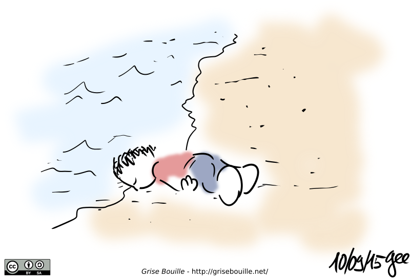 Silence. Le petit Aylan est de nouveau immobile, le visage dans le sable, comme au début. Note : BD sous licence CC BY SA (grisebouille.net), dessinée le 10 septembre 2015 par Gee.