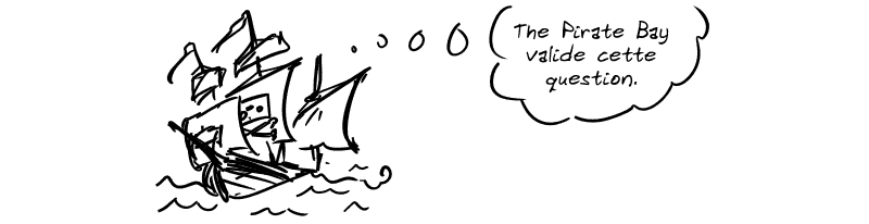 Un bâteau pirate est représenté, on voit les pensées d'un marin : « The Pirate Bay valide cette question. »