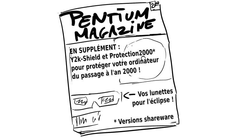 La couverture d'un magazine nommé « Pentium Magazine », à 2 francs : « En supplément : Y2k-Shield et Protection2000 (versions shareware) pour protéger votre ordinateur du passage à l'an 2000 ! Et vos lunettes pour l'éclipse ! »